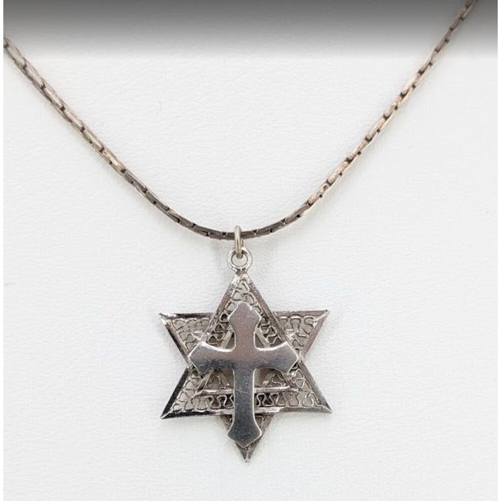 Pendant Necklace Sterling Silver Star of David Cross Filigree 925 Spain 15.5in